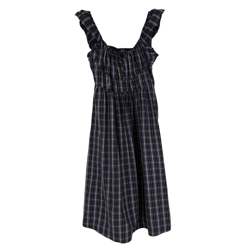 Anthropologie Navy Flutter Sleeve Square Neck Midi Dress Plaid W Pockets XL